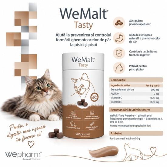 WeMalt Tasty – Supliment pentru Eliminarea Ghemotoacelor de Blană la Pisici, 30 Tablete Masticabile – WePharm